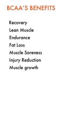 Bcaa’s Benefits
 
  Recovery
  Lean Muscle
  Endurance
  Fat Loss
  Muscle Soreness
  Injury Reduction
  Muscle growth


Click here for more info on BCAA’s
http://www.hchs.edu/literature/BCAA.pdf


